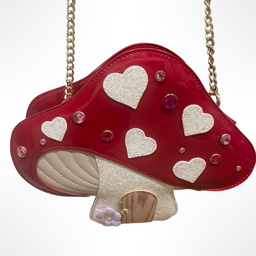 Betsey Johnson Red Mushroom Crossbody Bag with White Hearts & Gold Chain